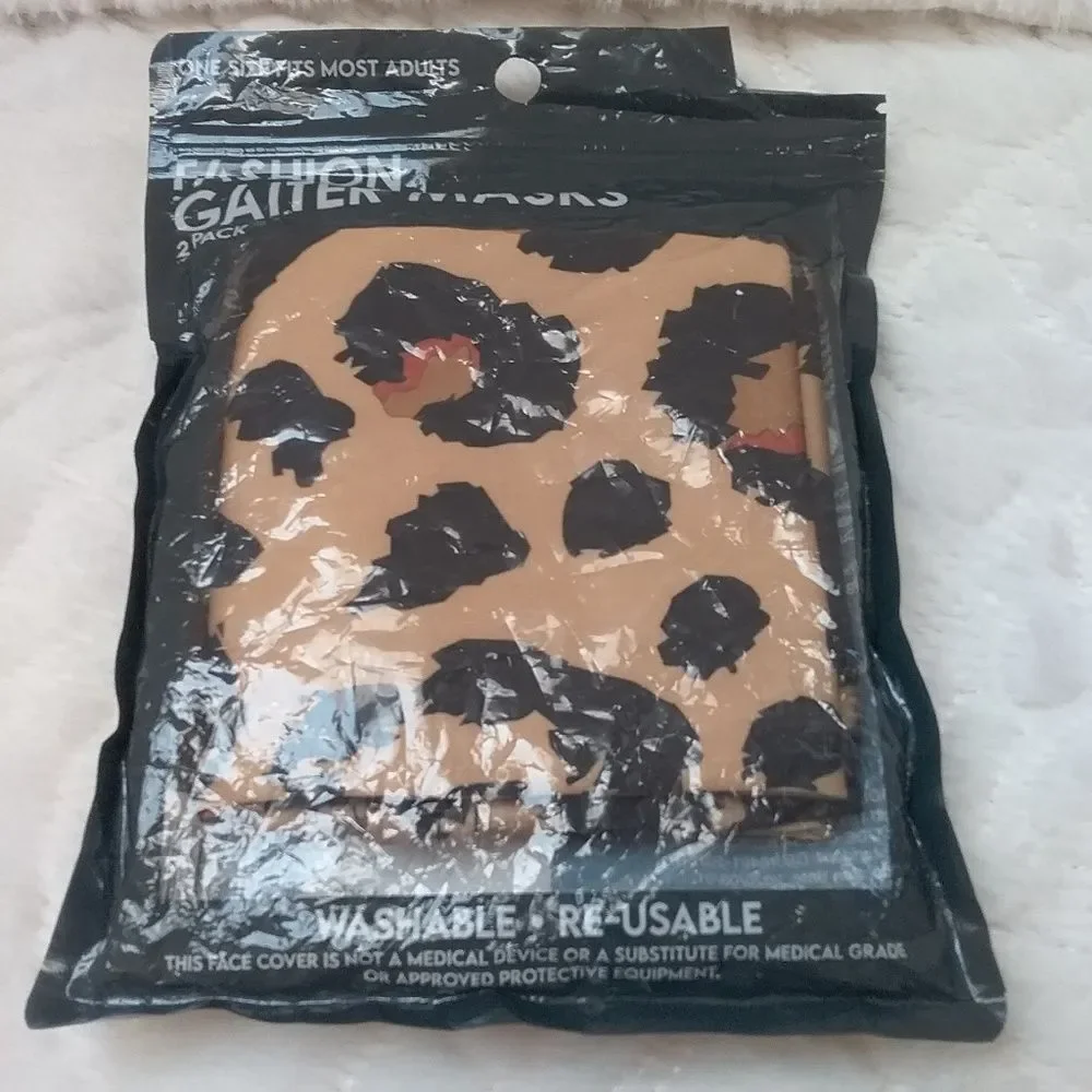 Leopard Print and Solid Black Gaiter Face Mask Two Pack Adult Size New Sealed